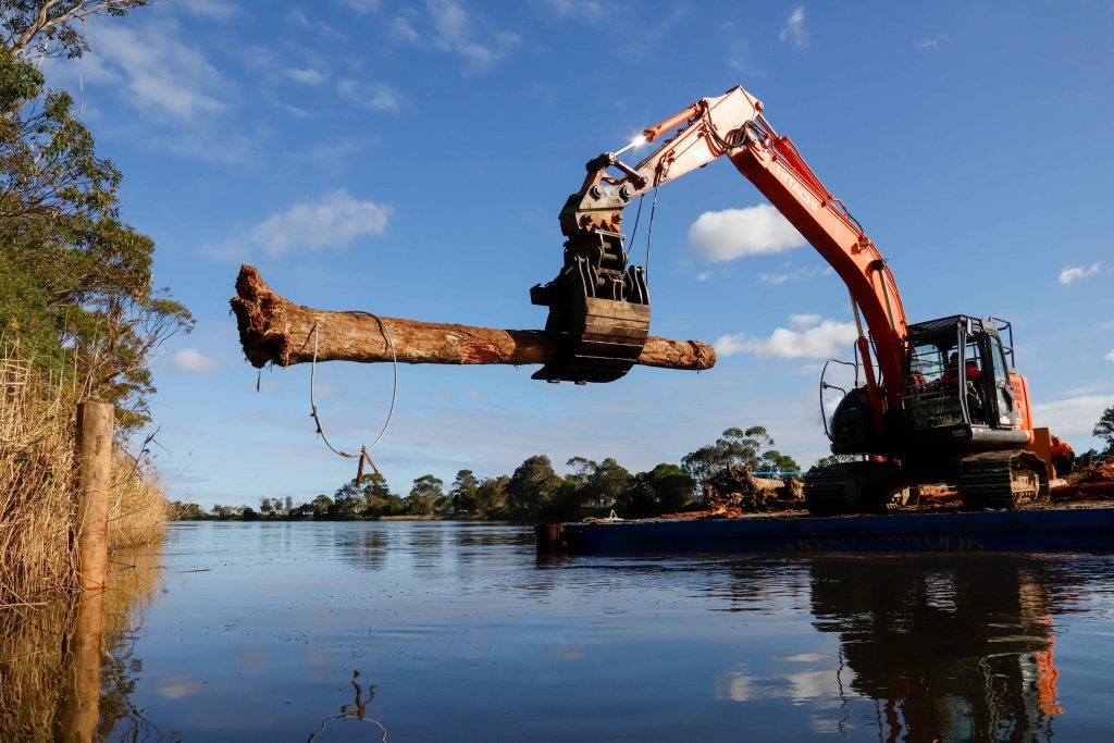 An excavator on a barge holds a log in its arm in readiness to install it onto the Brodribb River.